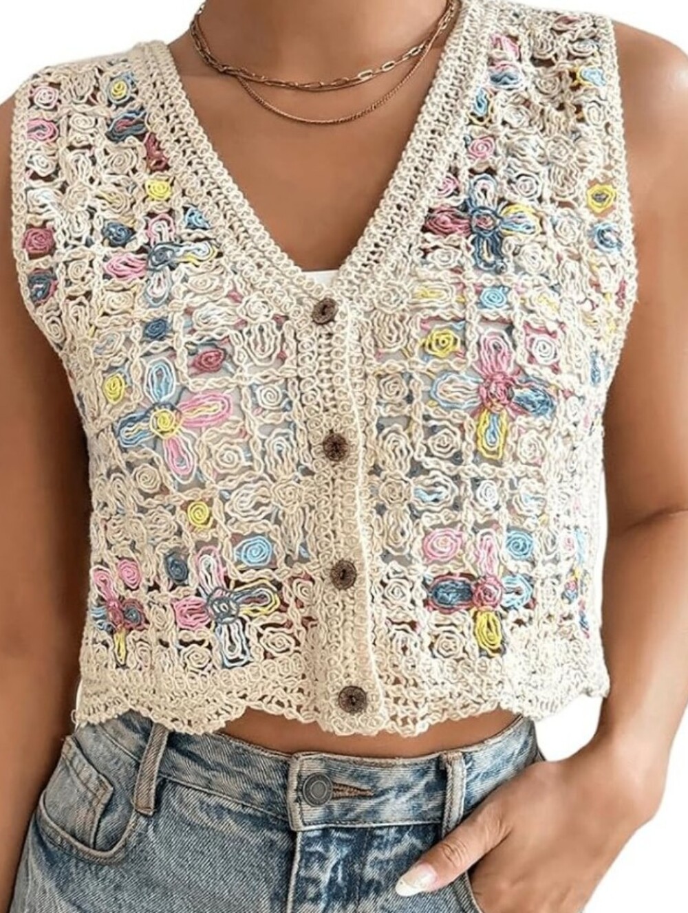 NWOT Cream Crochet Button-Front Knit Vest